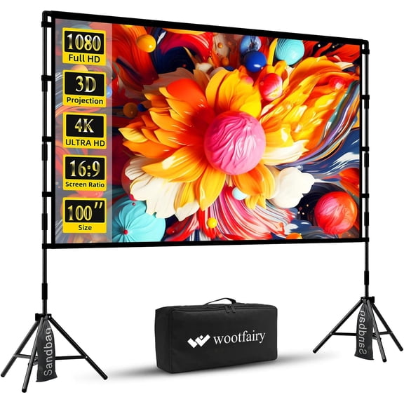 Projector Screen with Stand, 100 inch Foldable and Portable Projection Screen 16:9 4K HD Rear Front Wrinkle-Free Movie Screen with Carry Bag for Indoor Outdoor Home Theater Backyard Cinema