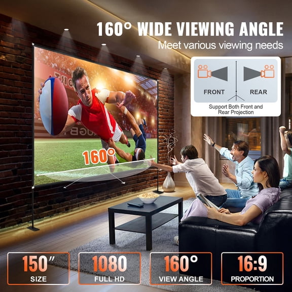 Projector Screen with Stand 150inch Portable Movie Screen 16:9 4K HD Wide Angle Outdoor Projector Screen Stand Easy Assembly with Storage Bag for Home Theater Office Outdoor Use