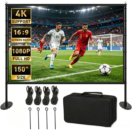 Projector Screen with Stand, 150 inch Indoor Outdoor Projection Screen, Portable 16:9 4K HD Rear Front Movie Screen with Carry Bag Wrinkle-Free Design for Home Theater Backyard Cinema