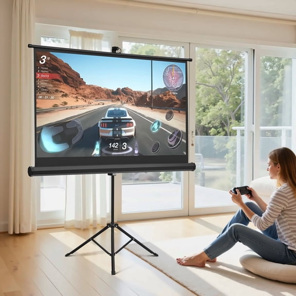 Projector Screen with Stand 60 Inch, 16:9 Portable Movie Screen, 4K HD Wrinkle Resistant Tripod Projection Screen for Home Theater, Indoor Outdoor Movie Night, Presentation