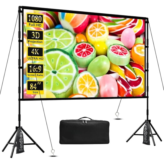 Projector Screen with Stand, 84 inch Outdoor Projector Screen Portable Indoor Projection Screen 16:9 4K Rear Front Movie Screen with Carry Bag for  Backyard Theater 84 inch