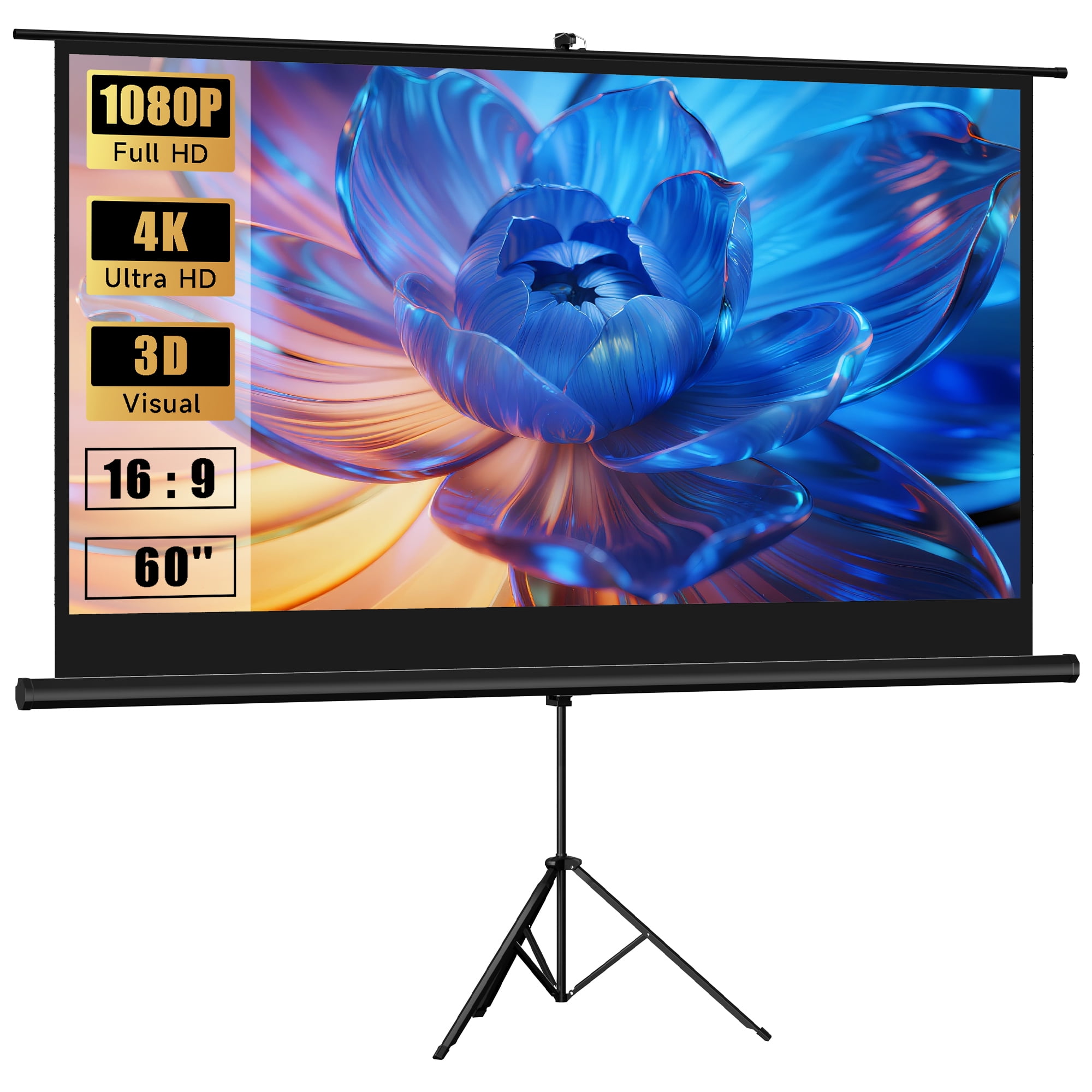 Projector Screen with Stand 60inch Indoor Outdoor Pull up Portable Outdoor Projector Movies Screen with Carry Bag for Home Theater Backyard Party Movie Nights, 16:9