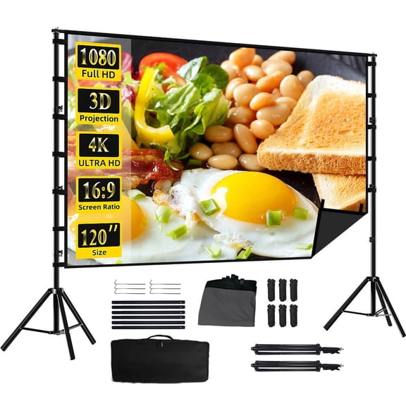HVKDIEB Outdoor Projector Screen with Stand, 120 Inch Milk Silk Fabric with Black Backing, Double Tripod Movie Screen with Carry Bag for Backyard Home Theater