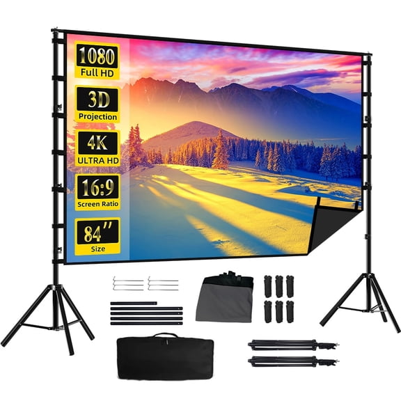 HVKDIEB Outdoor Projector Screen with Stand, 84 Inch Milk Silk Fabric with Black Backing, Double Tripod Movie Screen with Carry Bag for Backyard Home Theater