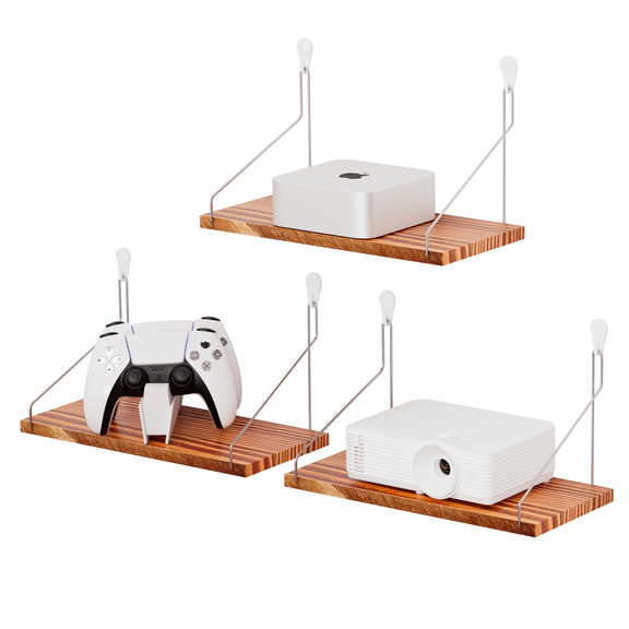 Floating Shelves for Wall Decor 14"x6" 3-Tier, No-Drill Natural Pine Wood Shelf for Projector Mount , Router, Modem, Cable Box,Xbox,mac-mini2024,Switch,Game Controller, for Living Room,Bedroom,Office