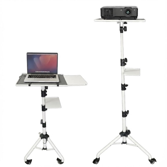 Projector Stand 29.5 to 71 Inch Adjustable Tripod 2 Shelves Portable Laptop Cart w Phone Holder White