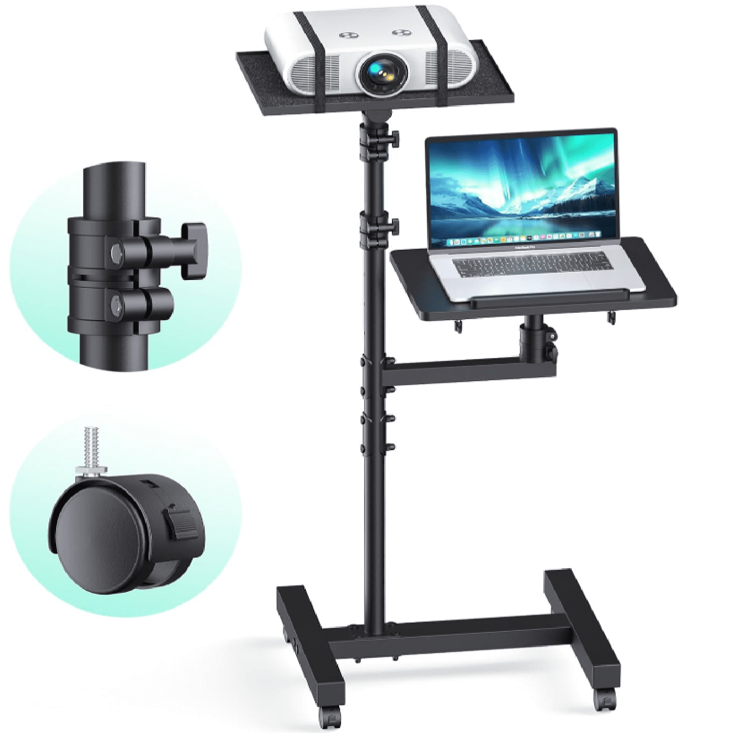 Projector Stand Tripod: 2 Shelves Mobile Laptop Cart Adjustable Height 45 to 64 Inches, Rolling Laptop Stand Cart with Ventilated Tray, Projector Tripod Stand on Wheels for Couch, Bedside, Meeting