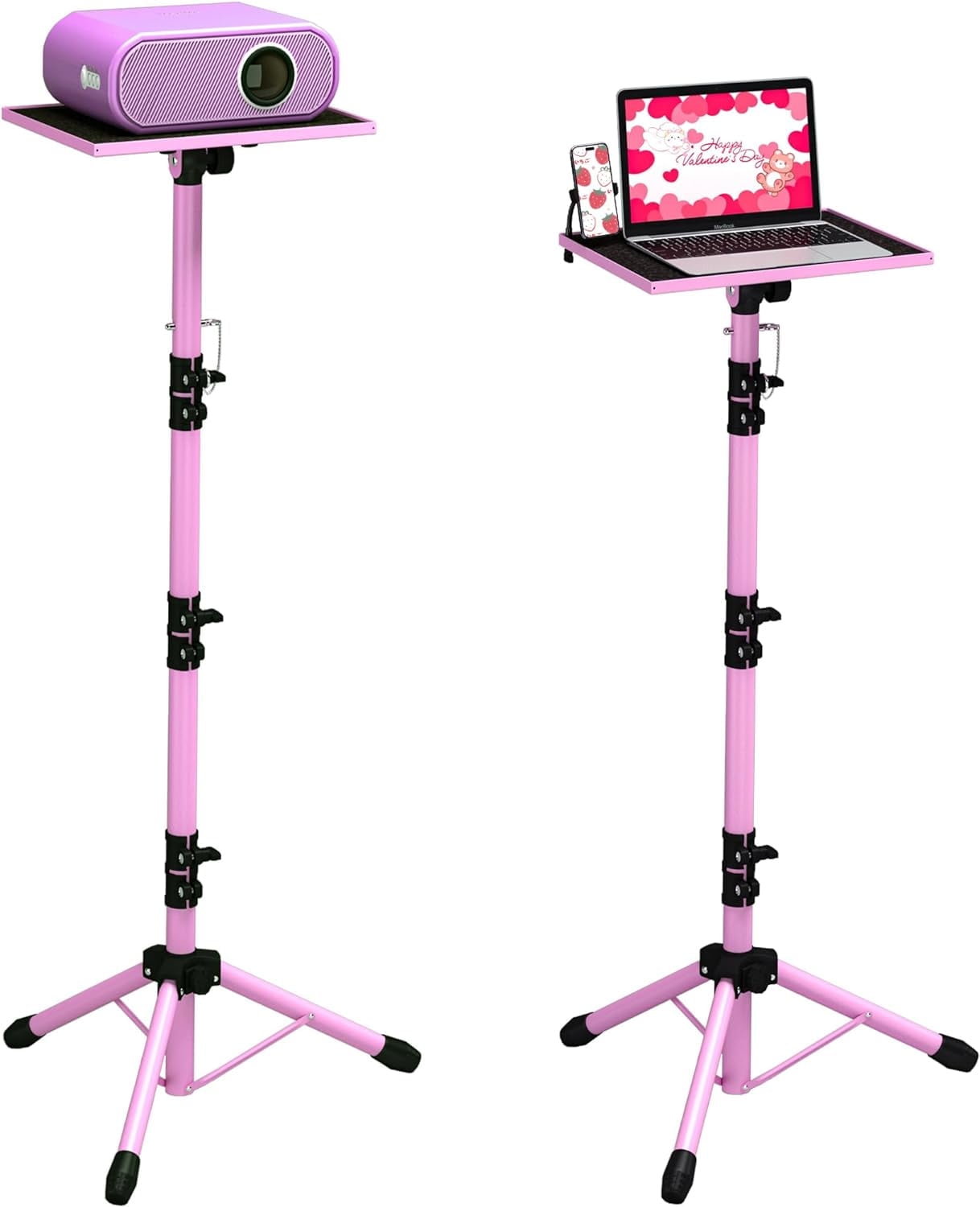 Projector Stand Tripod, Laptop Tripod Stand Adjustable Height from 23.5 to 63.5 inches with Gooseneck Phone Holder, Laptop Floor Stand for Office, Home, Stage, Studio, DJ Racks Holder Mount,Pink