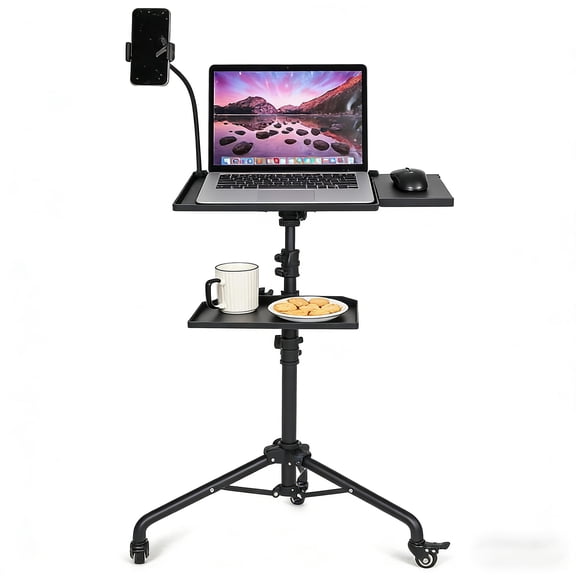 Projector Tripod Stand, Laptop Stand on Wheels with 2 Shelves Mouse Tray Phone Holder, Portable Projector Floor Stand, Adjustable Height 23 to 49 Inch, Projector Tall Stand for Office, Home