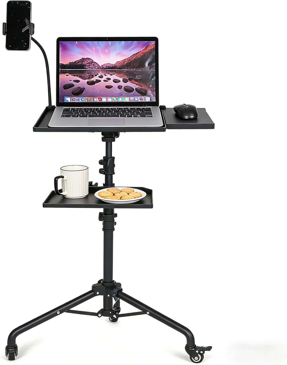Projector Tripod Stand, Laptop Stand on Wheels with 2 Shelves Mouse Tray Phone Holder, Portable Projector Floor Stand, Adjustable Height 23 to 49 Inch, Projector Tall Stand for Office, Home