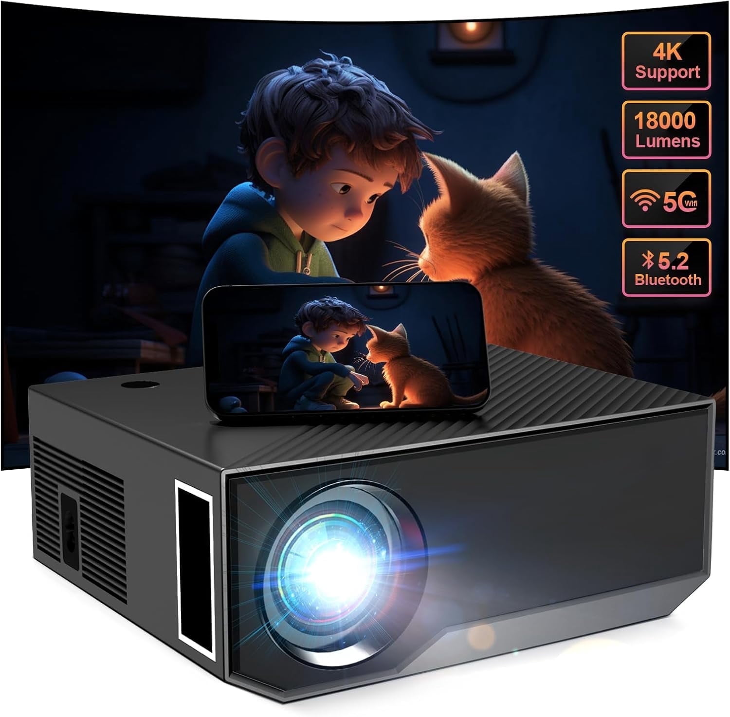 Projector with WIFI and Bluetooth, 1080P Native Full HD Video Projector, 18000L Movie Projector, 300" Max Bild Compatible with Android/iOS/Laptop/TV Stick/X-Box/HDMI/USB（Grey)