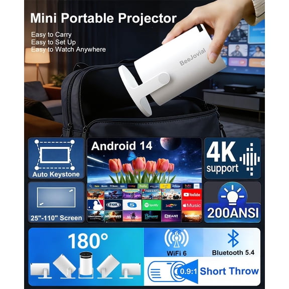 Projector WiFi 6 5.4 with Android 14, 1080P Full HD Short Throw Portable Home Theater for iOS Android TV Stick USB