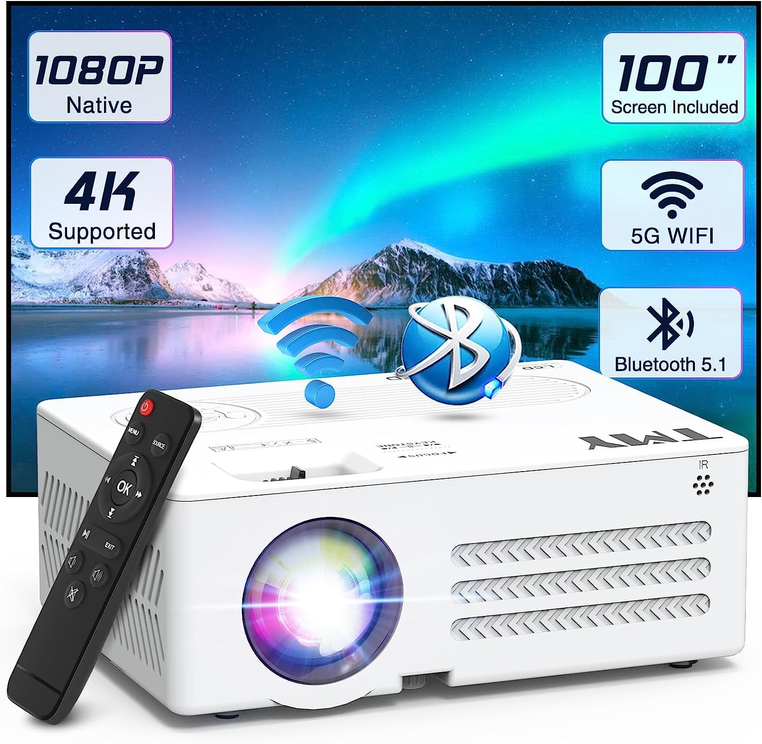 Projector with WiFi and Bluetooth【100" screen included】Native 1080P Outdoor Projector, 4K Supported Portable Projector, Compatible with iOS/Android/PC/TV Stick/HDMI/USB, Indoor Outdoor Use