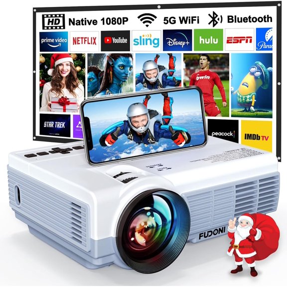 Projector with WiFi and Bluetooth,5G WiFi 14000L Native 1080P Video Projector, FUDONI Portable Movie Projector,Compatible with TV Stick, Smartphone, Tablet, PC,HDMI,VGA,USB,AV