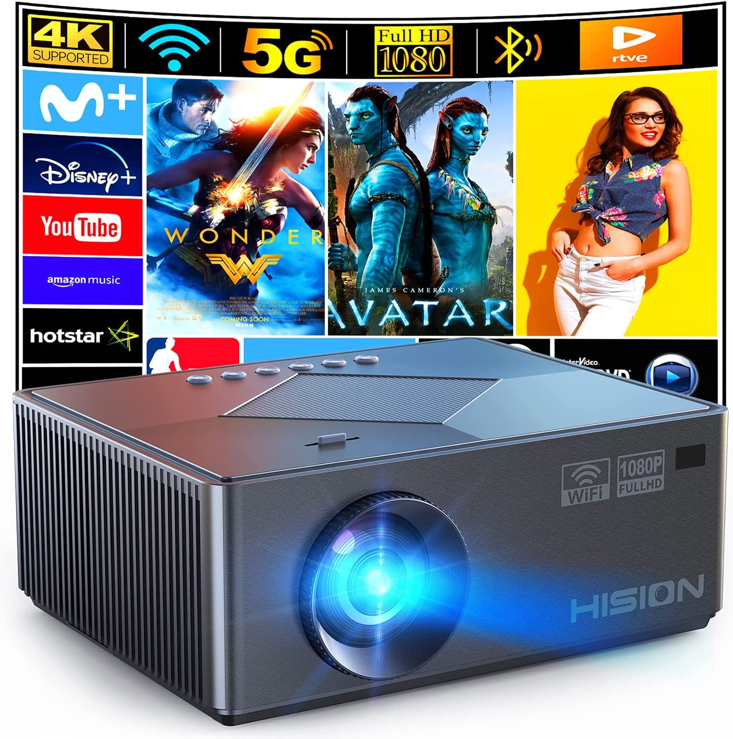 HISION 4K Projector, 9000 Lumen, WiFi & Bluetooth, Indoor/Outdoor Use