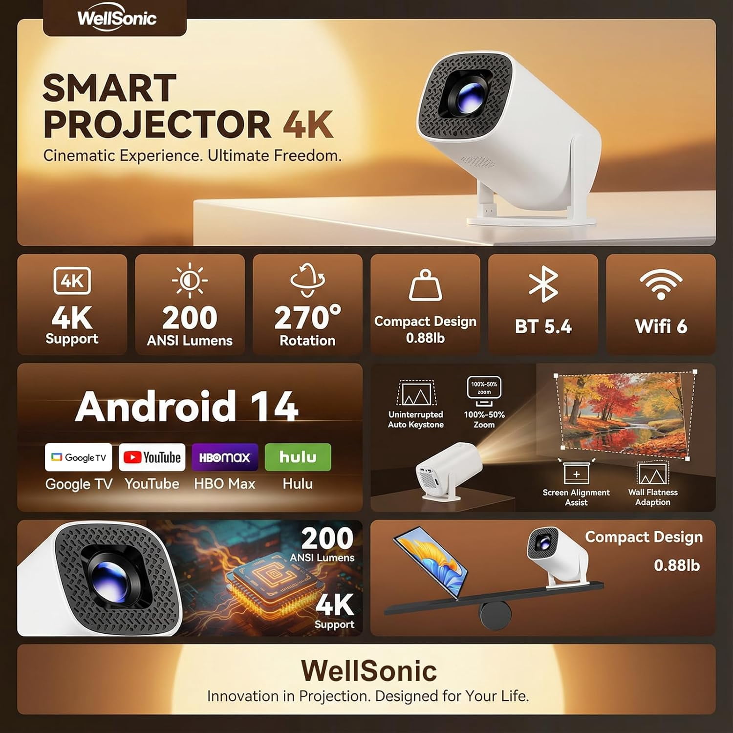Projector with Wifi and , 4K Protable Projector Build-in Android 14 ...