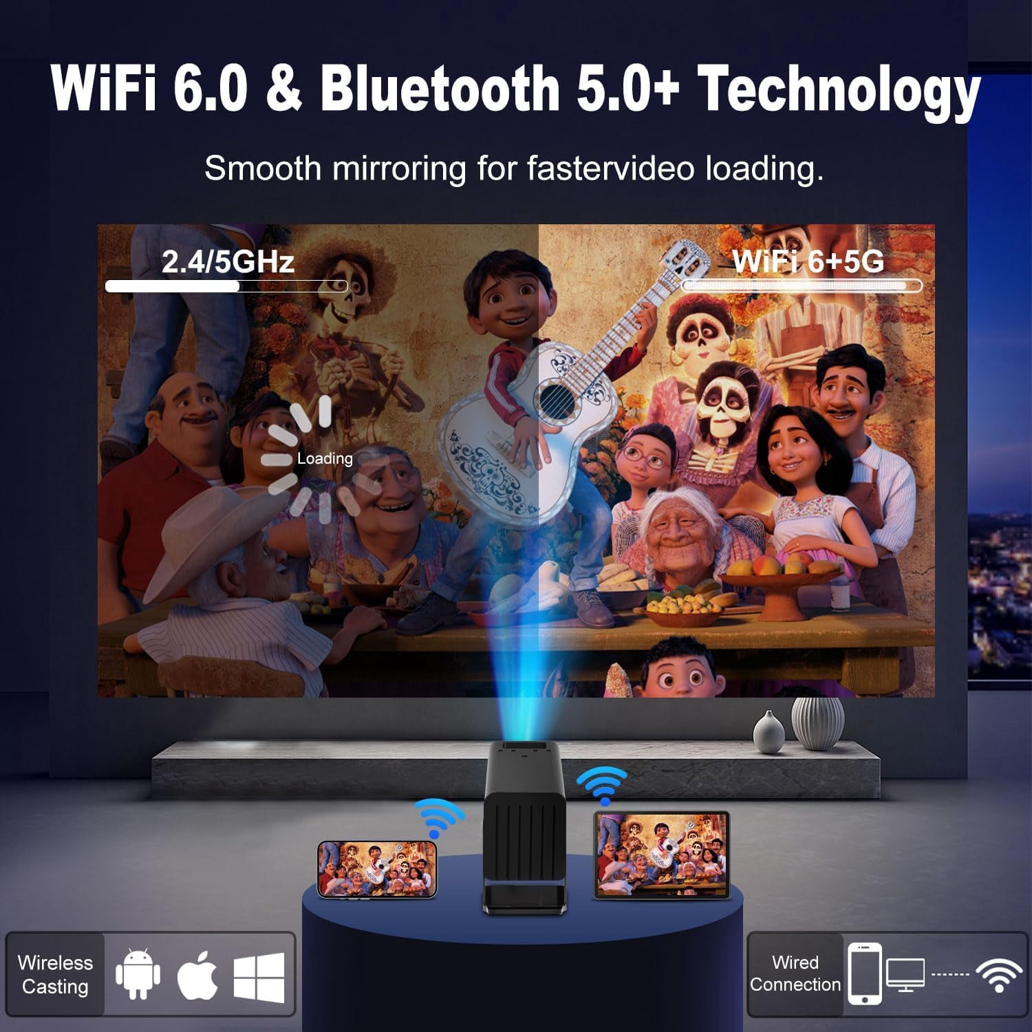 Projector with Apps 4K Supported  Projector for Bedroom Ceiling Camping Outdoor Use Portable with Speaker Auto