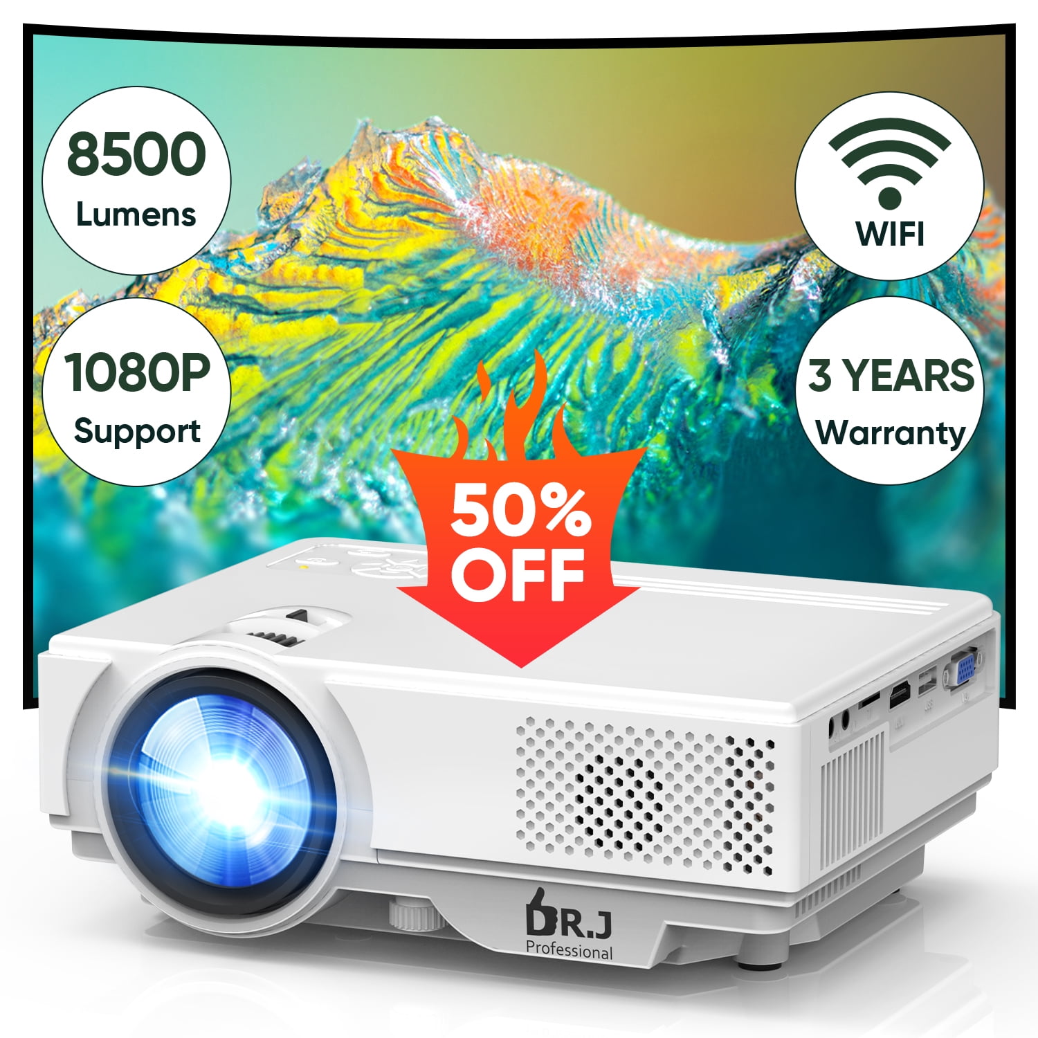 8500 Lumens Mini Projector, 1080P Supported, Portable Movie Outdoor  Projector with 55,000 Hrs LED Lamp Life, Compatible with TV Stick, HDMI,  VGA, TF