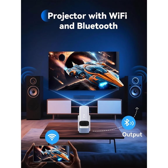 Projector with WiFi 1080P Support Portable Movie Projector Electric Auto 6W Speaker for Bedroom Wall Home Outdoor Android TV Stick