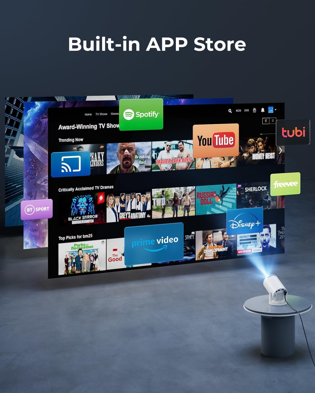 Projector with WiFi  Built-in Apps 180 Rotation Auto  1080P  USB TV Stick Smartphone Laptop Compatible