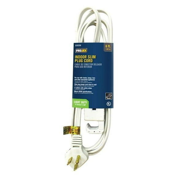 Projex FW-1130-6FT/09P Indoor Slim Plug Extension Cord, White, 6'