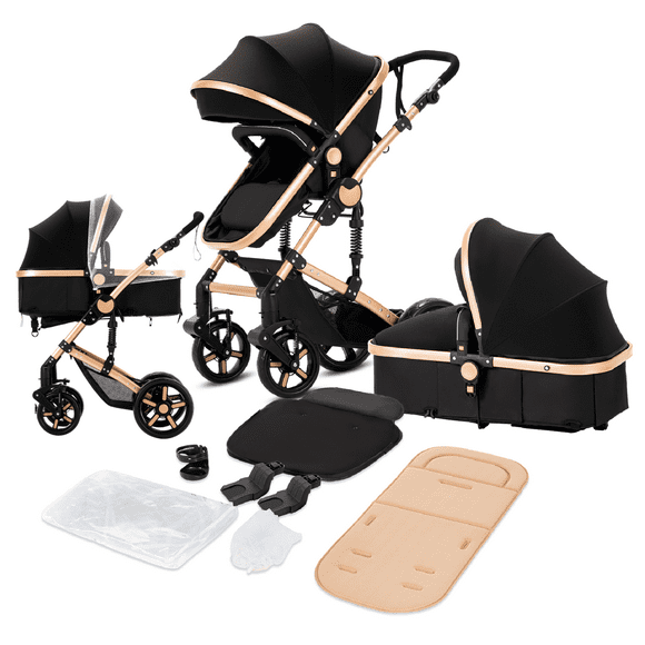 Prokoke Travel Systems Baby Stroller Support One-Touch Folding for Newborns and Toddlers,Reversible Basket & Pram,Lightweight,Unisex(Black Gold)