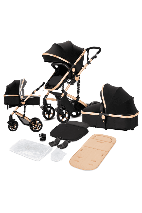 Travel Systems Baby Stroller Support One-Touch Folding for Newborns and Toddlers,Reversible Basket & Pram,Lightweight,Unisex(Black)