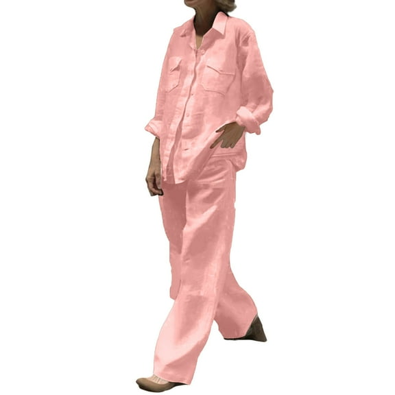 Prolriy 2 Piece Sets for Women Summer Women Plus Size Sets Long Sleeve down Shirts Dress Matching Wide Leg Pants New 2 Piece Vacation Outfits Spring Outfits for Women 2025 Pink S