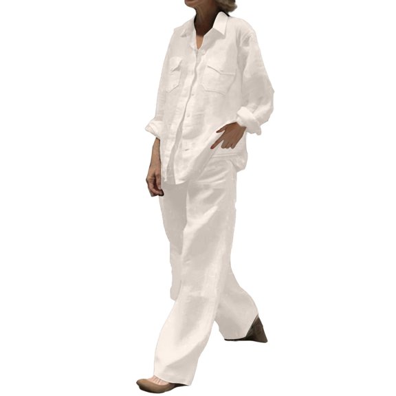 Prolriy 2 Piece Sets for Women Summer Women Plus Size Sets Long Sleeve down Shirts Dress Matching Wide Leg Pants New 2 Piece Vacation Outfits Spring Outfits for Women 2025 White M