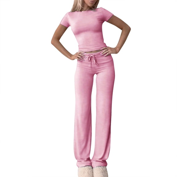 Prolriy 2 Piece Sets for Women, Women's Solid Color Short Sleeve Crop Tee & High Waisted Pants Set Casual Everyday Slim Fit Outfit Lounge Sets for Women Pink XS
