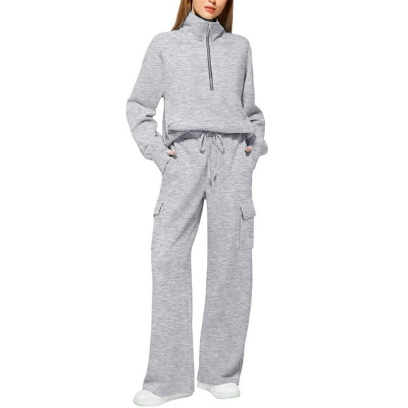 Prolriy 2 Piece Sets for Women Half Zip Sweatsuit Sweatshirt Wide Leg Sweatpants Matching Set Tracksuit Fall Outfits Grey L