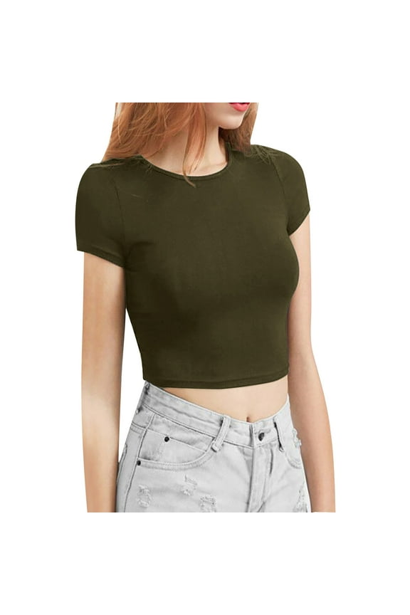 Athletic Gym Workout Tops for Women Shoulder Length Short Sleeved T Shirt Slimming Effect Paired with A Base High Waisted Sexy Short Exposed Navel Top Shirts for Women, Womens Tops Green2 S