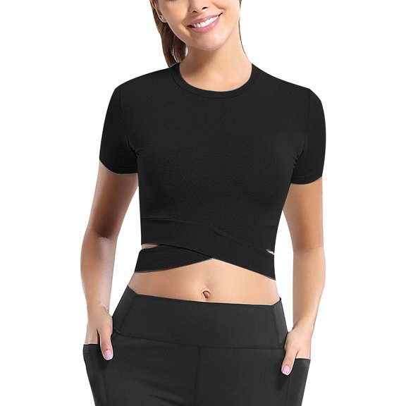 Prolriy Athletic Gym Workout Tops for Women, Women's Sports Slim Crop Yoga Clothes Running Sports Short Sleeve T Shirt Shirts for Women, Womens Tops Black M