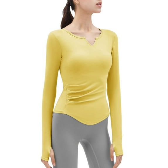 Prolriy Athletic Gym Workout Tops for Women, Women's Spring New Yoga Top V Neck Nude Fitness Top with Chest Pads Shirts for Women, Womens Tops Yellow L