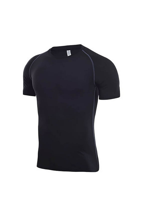 Athletic Workout Shirts for Men Spring and Summer Solid Color Quick Drying Breathable Tights Sweat Basketball Training Sports Wear Fitness Top Compression Shirt Men, Mens Shirts Black S