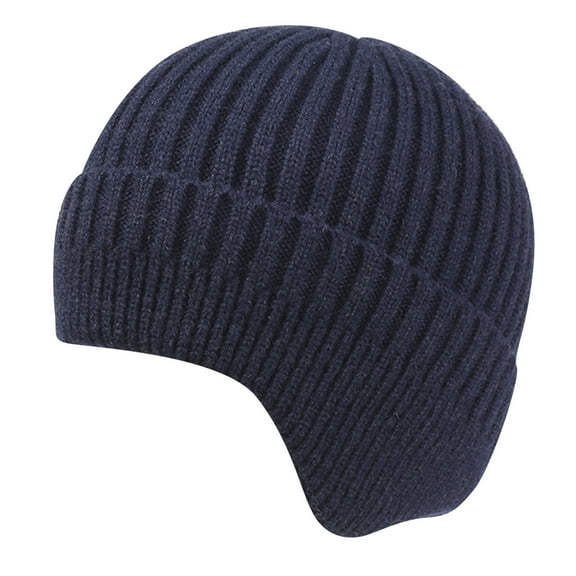 Prolriy Beanies Hats Men Women's Foldable Handmade Ear Warm Wool Cap Cotton Hat Knitted Hat Windproof Cold Sweat Hat Wool Beanie Winter Hats for Women Navy