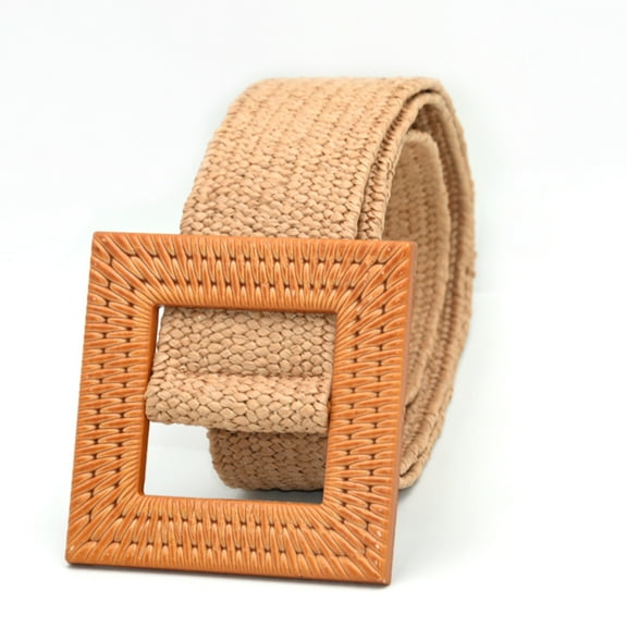 Prolriy Belts for Women Belts for Dresses Elastic Rattan Waist Band with Wood Buckle Womens Belt Beige