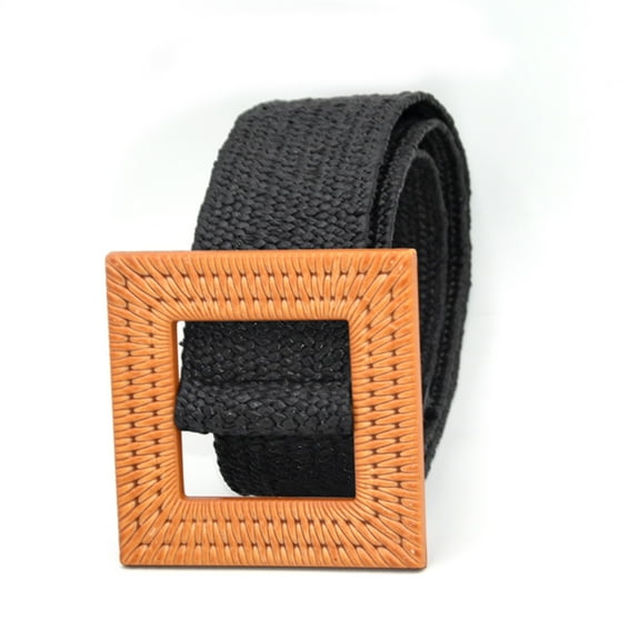 Prolriy Belts for Women Belts for Dresses Elastic Rattan Waist Band with Wood Buckle Womens Belt Black