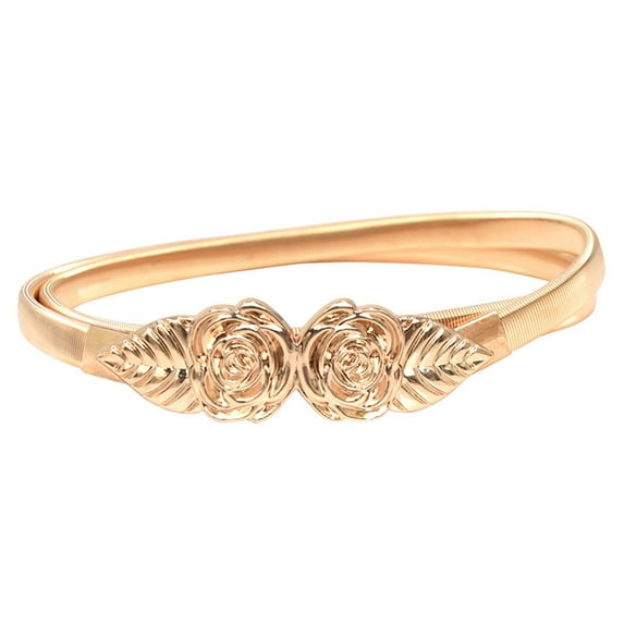 Prolriy Belts for Women, Women Metal Fashion Casual Elastic Thin Waist Floral Decorative Stretch Belt Womens Belt Gold One Size