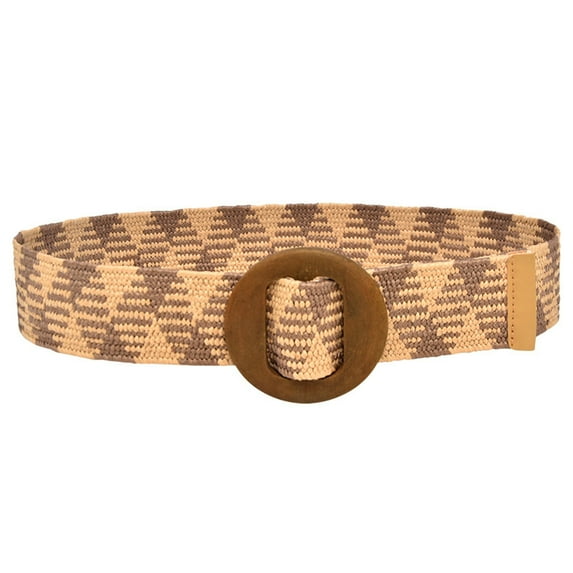 Prolriy Belts for Women Woven Elastic Casual Summer Belt Stretch Striped Printed Belt with Wooden Buckle Womens Belt Brown
