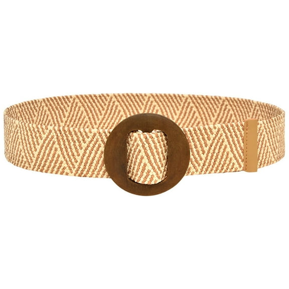 Prolriy Belts for Women Woven Elastic Casual Summer Belt Stretch Striped Printed Belt with Wooden Buckle Womens Belt Khaki