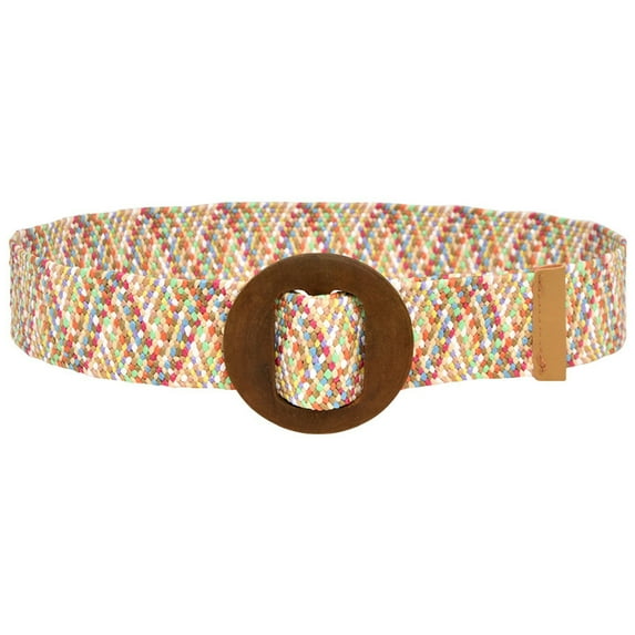 Prolriy Belts for Women Woven Elastic Casual Summer Belt Stretch Striped Printed Belt with Wooden Buckle Womens Belt Multicolor