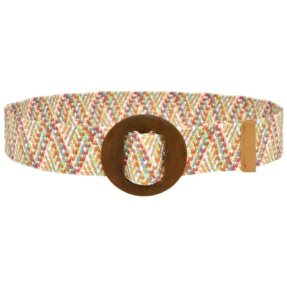 Prolriy Belts for Women Woven Elastic Casual Summer Belt Stretch Striped Printed Belt with Wooden Buckle Womens Belt Multicolor