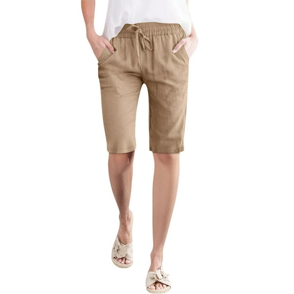Prolriy Bermuda Shorts for Women Linen Pants for Women 2025 Cotton Casual Summer High Waist Lightweight Wide Leg Cropped Trousers Women's Shorts Khaki XL