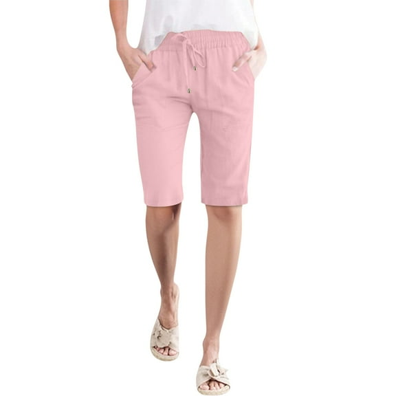 Prolriy Bermuda Shorts for Women Linen Pants for Women 2025 Cotton Casual Summer High Waist Lightweight Wide Leg Cropped Trousers Women's Shorts Pink L