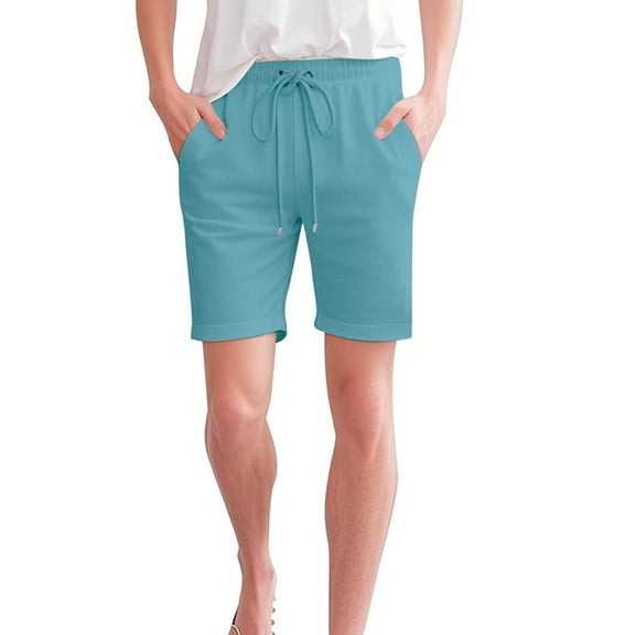 Prolriy Bermuda Shorts for Women, Knee Length Cotton Linen Elastic Waist Drawstring Shorts Summer Pants Women's Shorts Light Blue S
