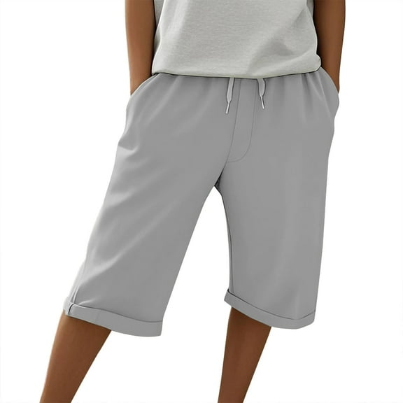 Prolriy Bermuda Shorts for Women, Knee Length Cotton Linen Elastic Waist Shorts Summer Pants with Pockets Women's Shorts Grey L