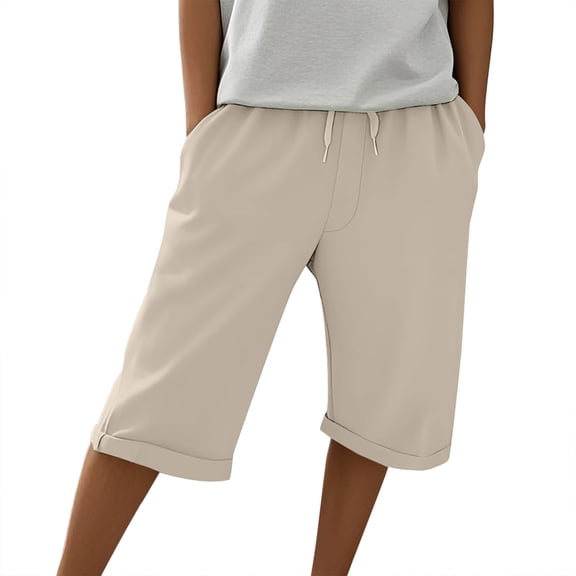 Prolriy Bermuda Shorts for Women, Knee Length Cotton Linen Elastic Waist Shorts Summer Pants with Pockets Women's Shorts Khaki L