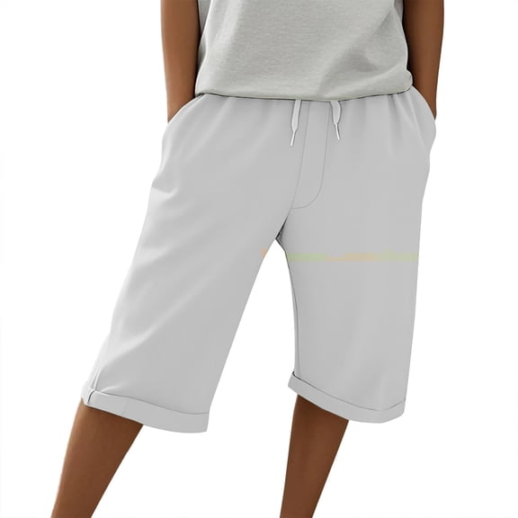 Prolriy Bermuda Shorts for Women, Knee Length Cotton Linen Elastic Waist Shorts Summer Pants with Pockets Women's Shorts White S