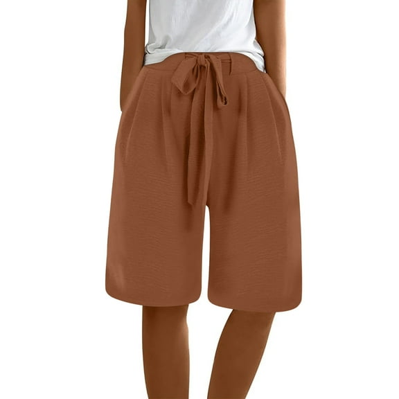 Prolriy Bermuda Shorts for Women Ladies Casual Pocket Thin Outer Wear Elastic Belt in Trousers Large Size Loose Pants Women's Shorts Brown S
